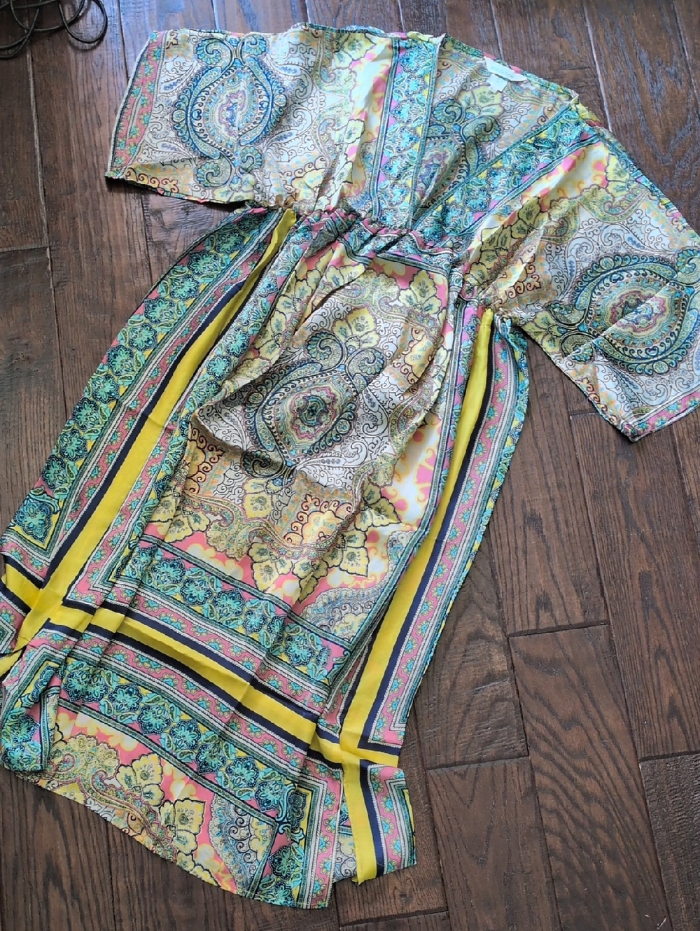 SUNDANCE I NWT Bella Verona Boho Mixed Print Kimono Style Silky Dress, L - Picture 4 of 13